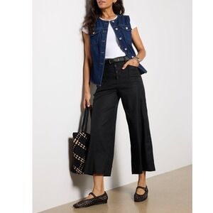 Evereve Joelle Wide Leg Pants Black Stretch Button Fly Linen Blend Cropped 29